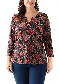 Plus Printed 3/4 Sleeve V-Neck Top with Trim
