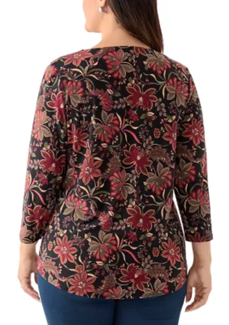 Plus Printed 3/4 Sleeve V-Neck Top with Trim