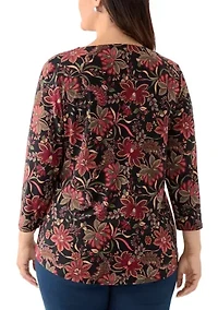 Plus Printed 3/4 Sleeve V-Neck Top with Trim