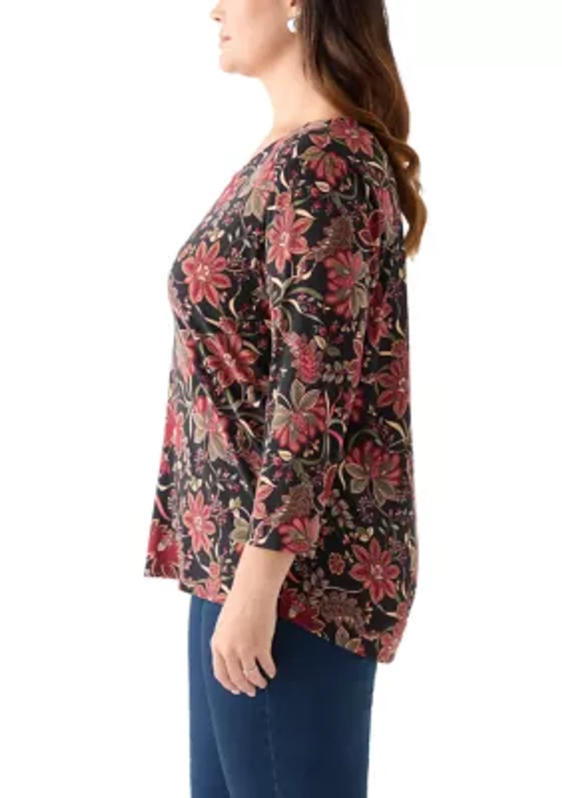 Plus Printed 3/4 Sleeve V-Neck Top with Trim