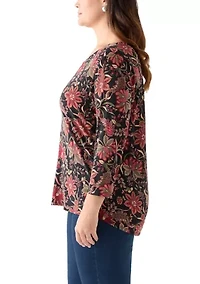 Plus Printed 3/4 Sleeve V-Neck Top with Trim