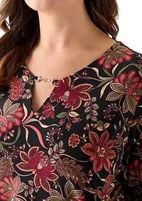 Plus Printed 3/4 Sleeve V-Neck Top with Trim