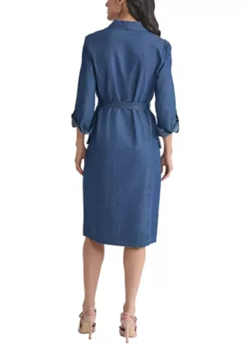 Petite Midi Shirt Dress with Cargo Pockets - Dark Wash