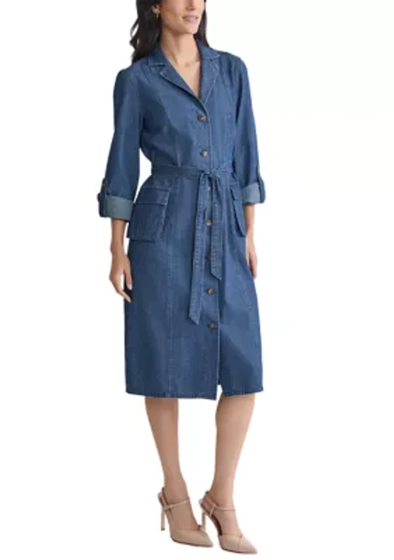 Petite Midi Shirt Dress with Cargo Pockets - Dark Wash