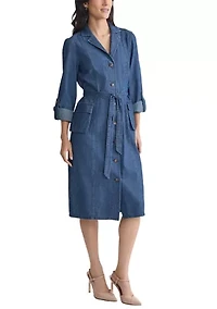 Petite Midi Shirt Dress with Cargo Pockets - Dark Wash