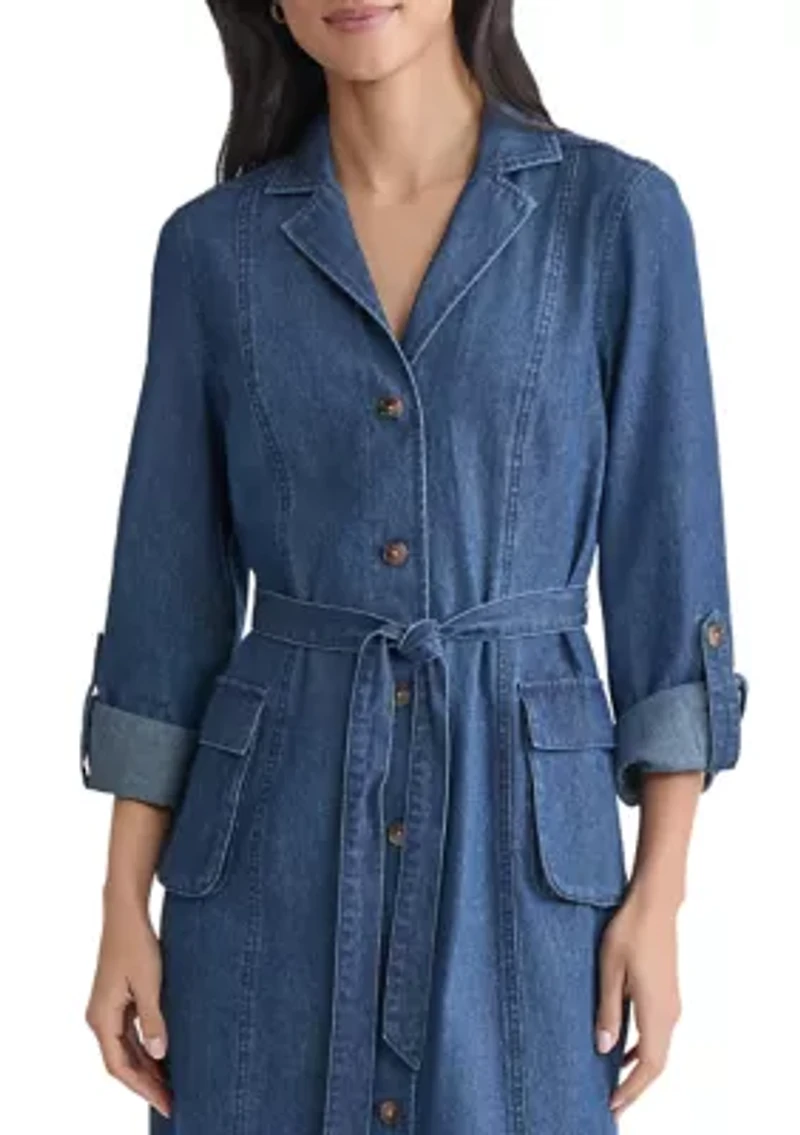 Petite Midi Shirt Dress with Cargo Pockets - Dark Wash