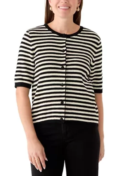 Petite Short Sleeve Textured Stripesd Cardigan
