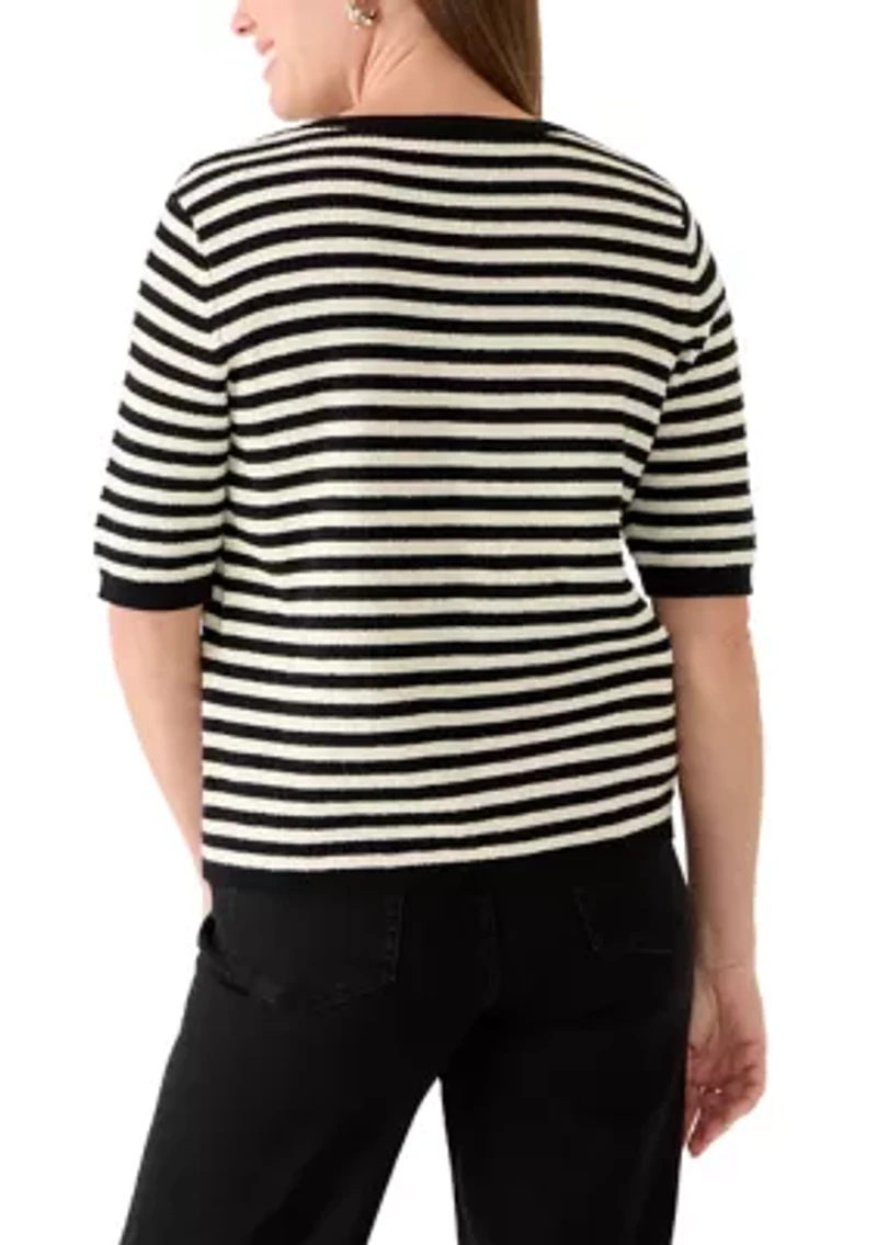 Petite Short Sleeve Textured Stripesd Cardigan