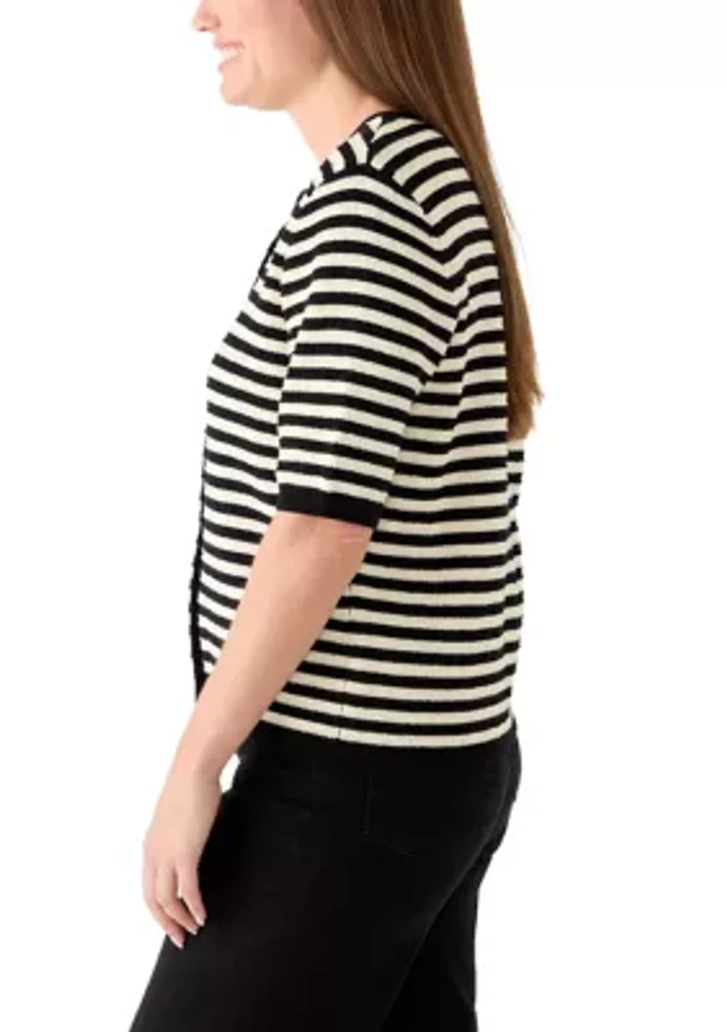 Petite Short Sleeve Textured Stripesd Cardigan