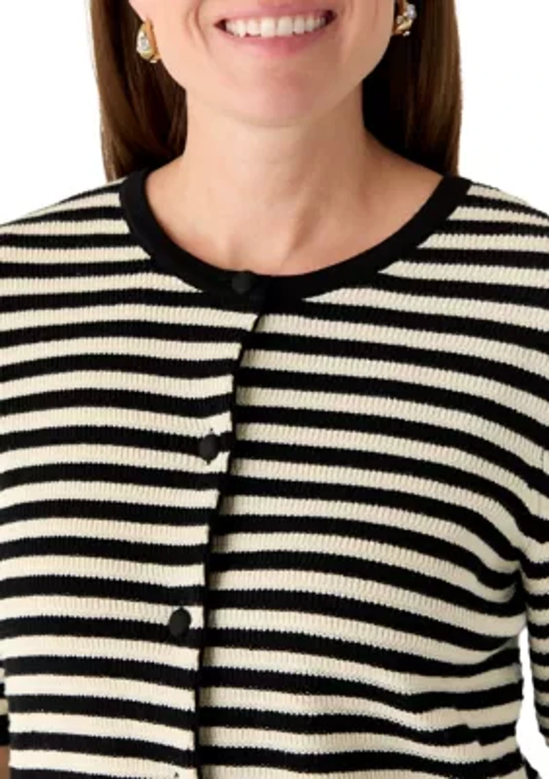 Petite Short Sleeve Textured Stripesd Cardigan