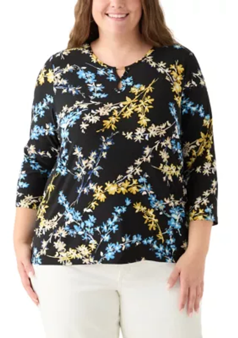 Plus 3/4 Sleeve Printed Keyhole Top