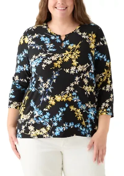 Plus 3/4 Sleeve Printed Keyhole Top