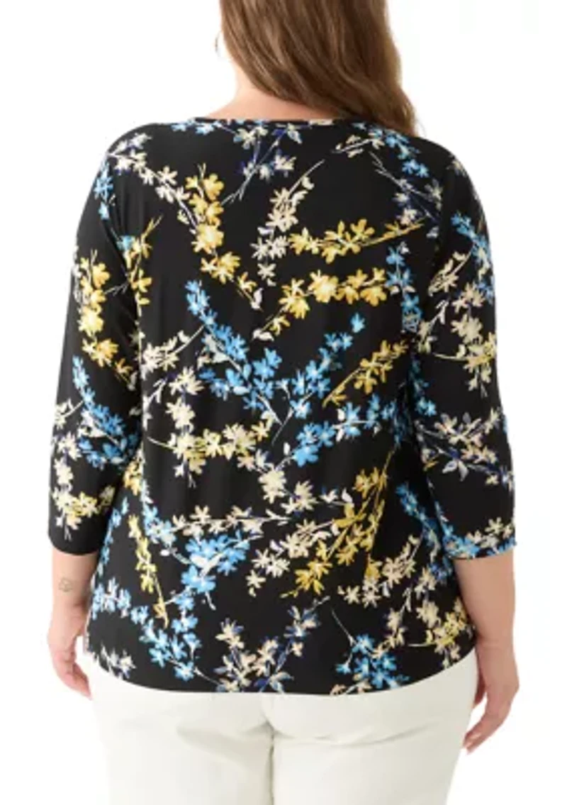 Plus 3/4 Sleeve Printed Keyhole Top