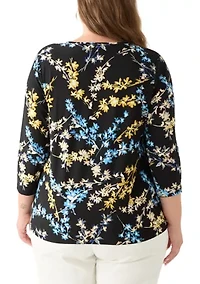 Plus 3/4 Sleeve Printed Keyhole Top