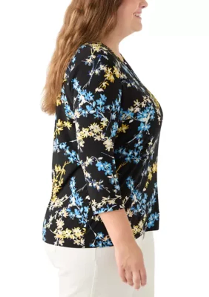 Plus 3/4 Sleeve Printed Keyhole Top