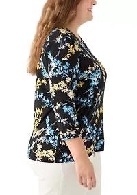 Plus 3/4 Sleeve Printed Keyhole Top