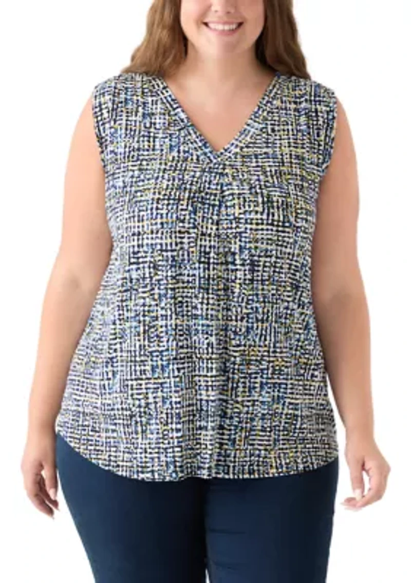 Plus Sleeveless V-Neck Printed Shell Top