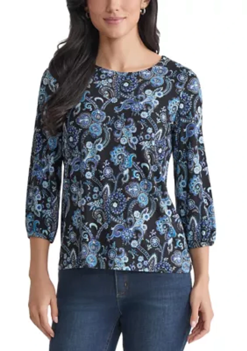 Petite Crew Neck with 3/4 Puff Cuff Basic Top - Printed