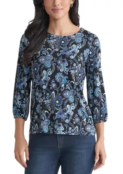 Petite Crew Neck with 3/4 Puff Cuff Basic Top - Printed