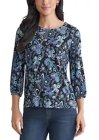 Petite Crew Neck with 3/4 Puff Cuff Basic Top - Printed