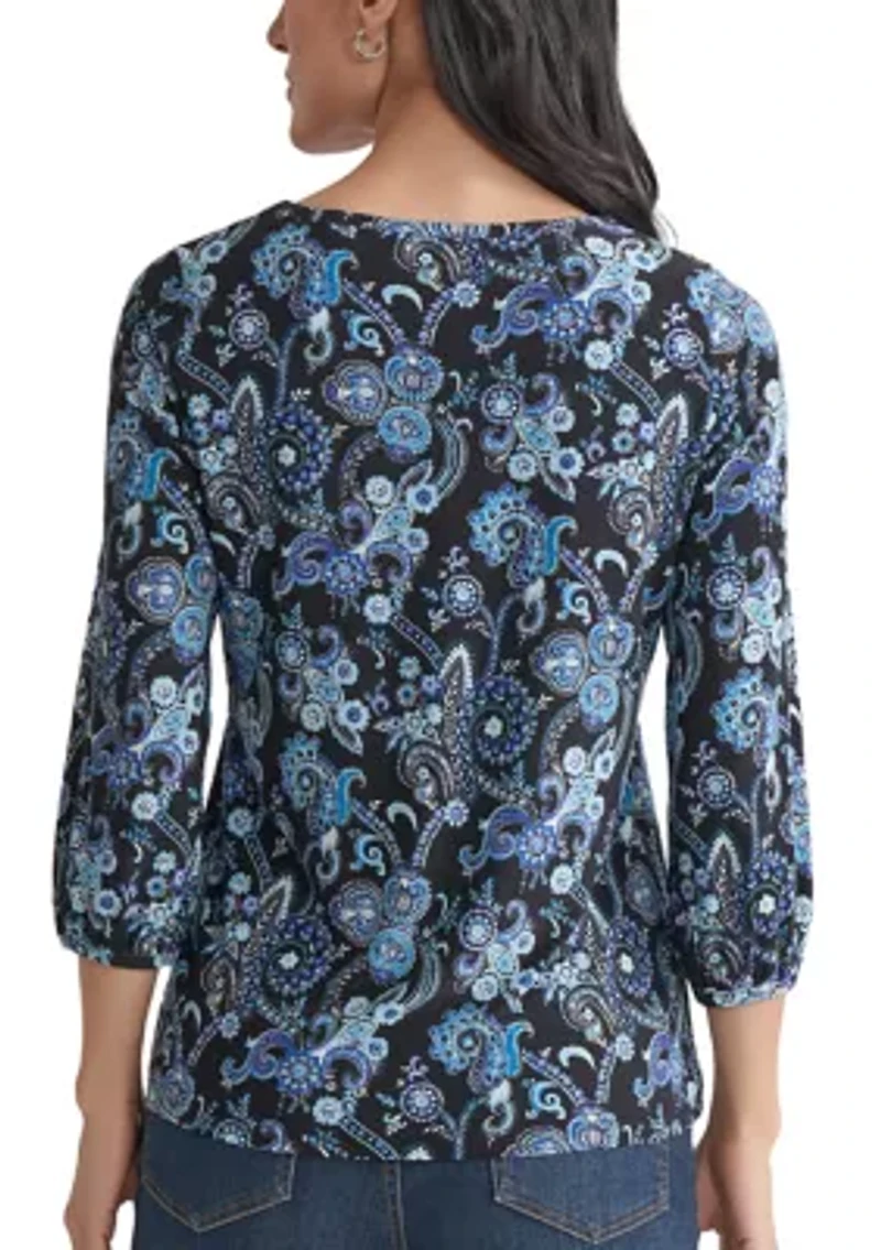 Petite Crew Neck with 3/4 Puff Cuff Basic Top - Printed