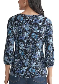 Petite Crew Neck with 3/4 Puff Cuff Basic Top - Printed