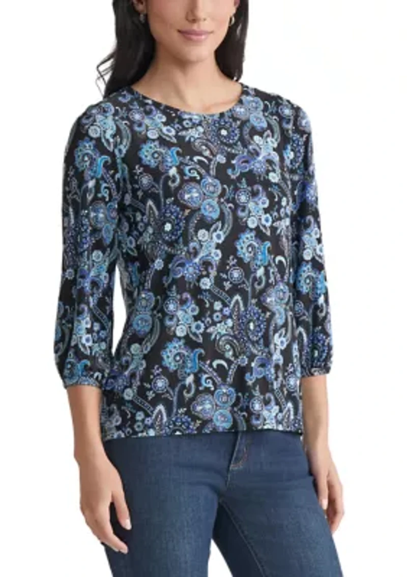 Petite Crew Neck with 3/4 Puff Cuff Basic Top - Printed