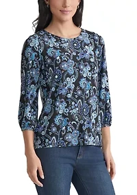 Petite Crew Neck with 3/4 Puff Cuff Basic Top - Printed