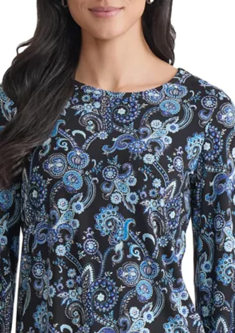 Petite Crew Neck with 3/4 Puff Cuff Basic Top - Printed