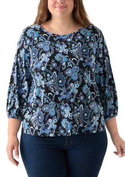 Plus Crew Neck 3/4 Sleeve Printed Top