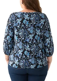 Plus Crew Neck 3/4 Sleeve Printed Top