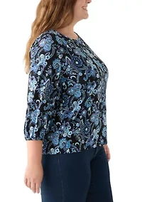 Plus Crew Neck 3/4 Sleeve Printed Top