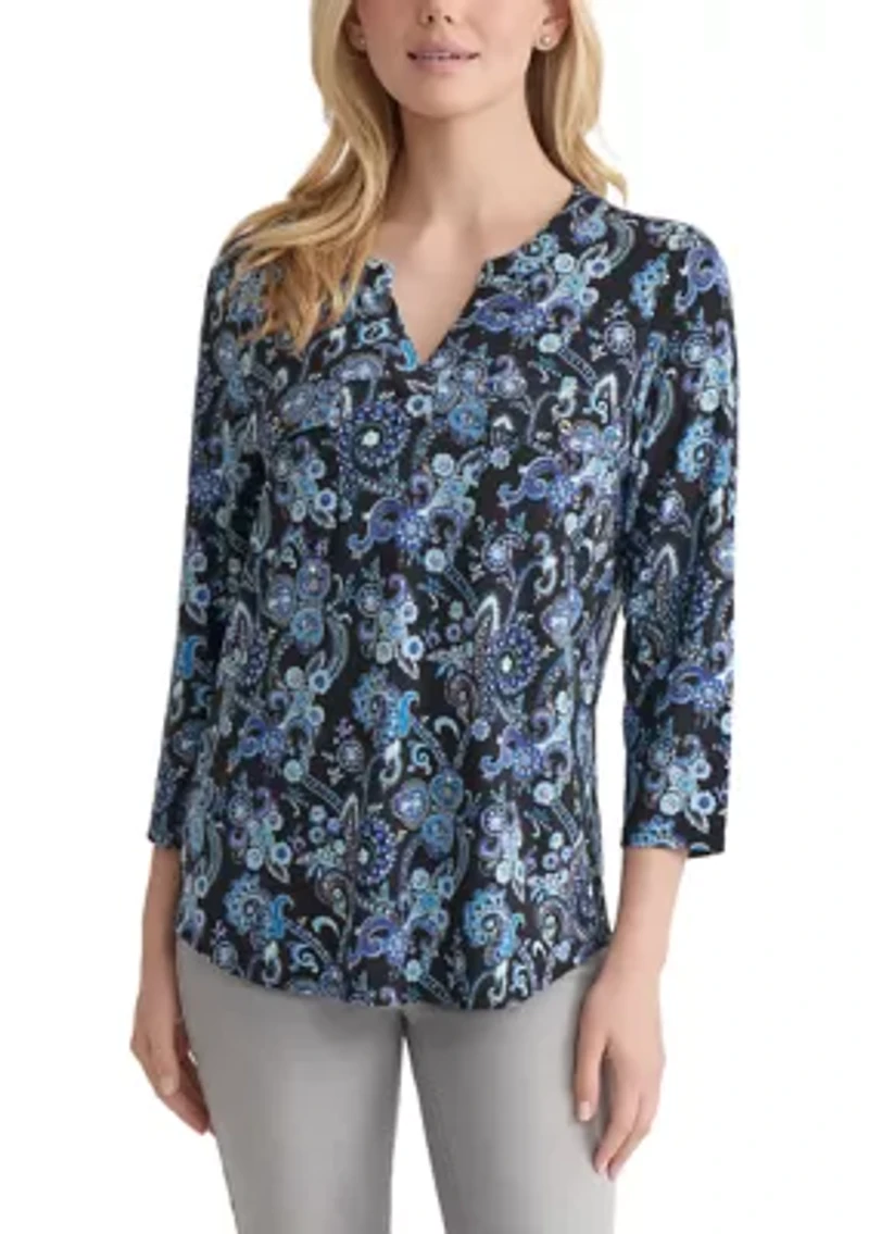 Petite 3/4 Sleeve Split Neck Top