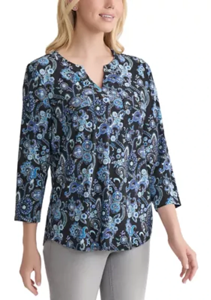 Petite 3/4 Sleeve Split Neck Top