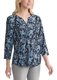 Petite 3/4 Sleeve Split Neck Top