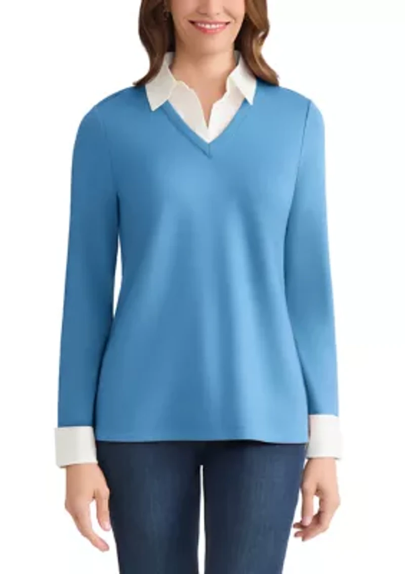 Women's Long Sleeve Serenity V-Neck Knit & Poplin Combo