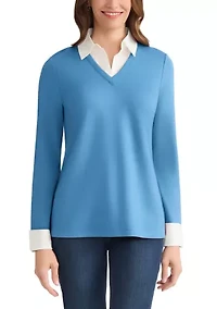 Women's Long Sleeve Serenity V-Neck Knit & Poplin Combo
