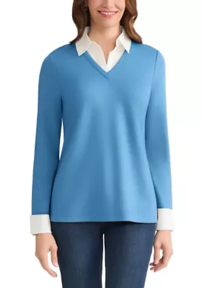 Petite Serenity with Cotton Poplin Long Sleeve V-Neck 2fer Top