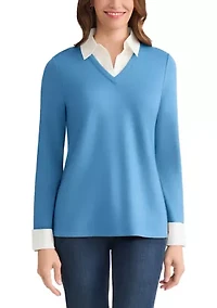 Petite Serenity with Cotton Poplin Long Sleeve V-Neck 2fer Top