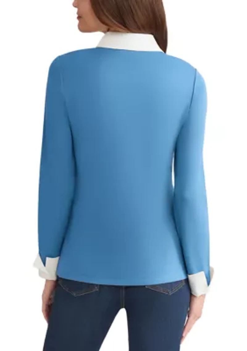 Petite Serenity with Cotton Poplin Long Sleeve V-Neck 2fer Top