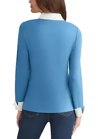 Petite Serenity with Cotton Poplin Long Sleeve V-Neck 2fer Top
