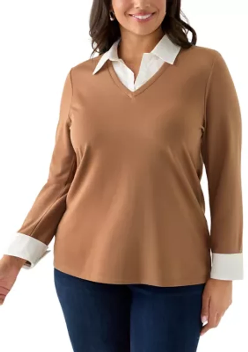 Plus Long Sleeve V-Neck Twofer Top