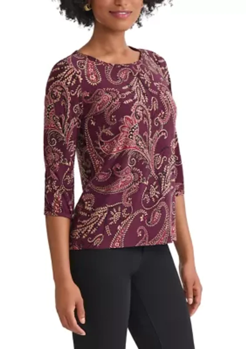 Petite Crewneck with 3/4 Puff Cuff Sleeve Top