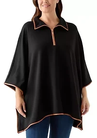 Plus 3/4 Zip Serenity Knit Poncho with Leather Trim