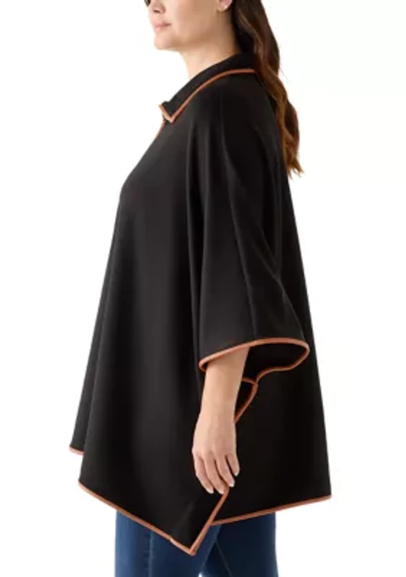 Plus 3/4 Zip Serenity Knit Poncho with Leather Trim