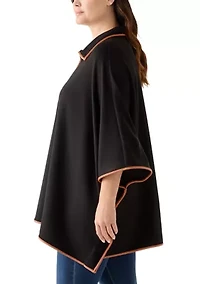 Plus 3/4 Zip Serenity Knit Poncho with Leather Trim
