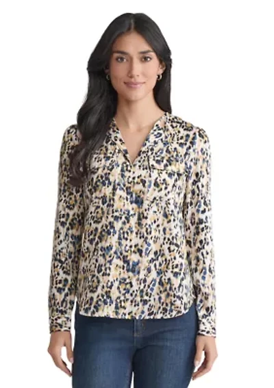 Petite Long Sleeve Simplified Utility Blouse with Pockets - Printed Satin Twill