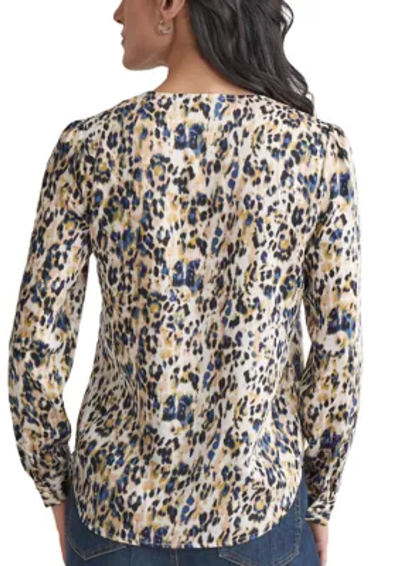 Petite Long Sleeve Simplified Utility Blouse with Pockets - Printed Satin Twill