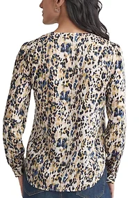 Petite Long Sleeve Simplified Utility Blouse with Pockets - Printed Satin Twill