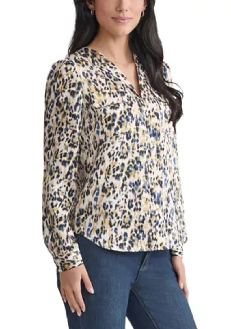 Petite Long Sleeve Simplified Utility Blouse with Pockets - Printed Satin Twill